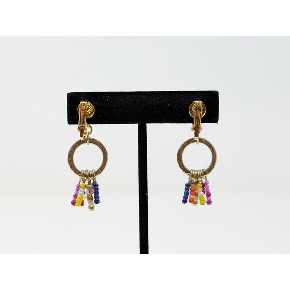 Gold Tone Circle Colorful Beaded Clip On Bohemian Boho Dangle Earrings - Picture 6 of 6